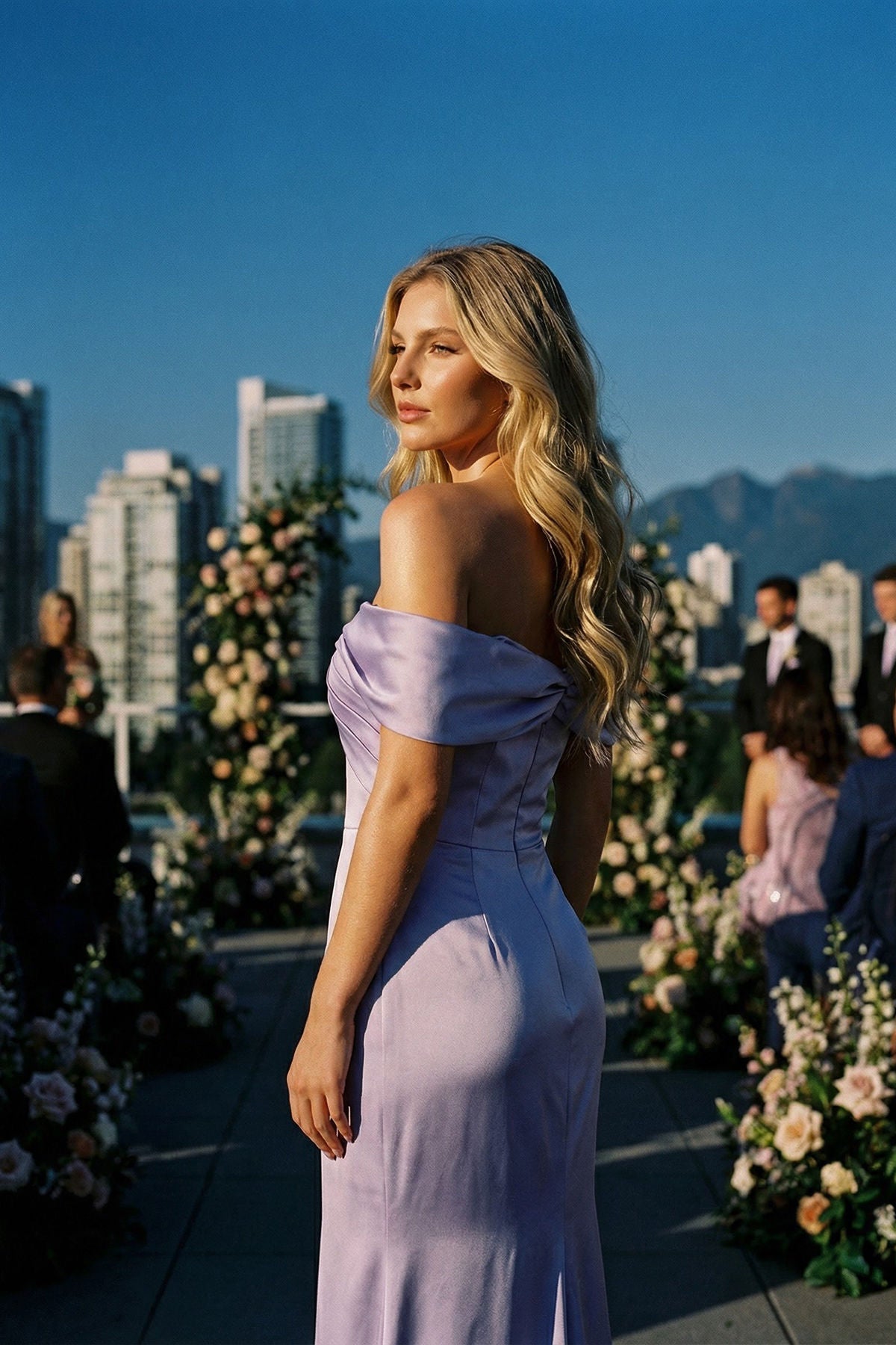 Lavender Off the Shoulder Floor-Length Satin Dress with Ruffle Accent Formal Gown Juliet JT2721C
