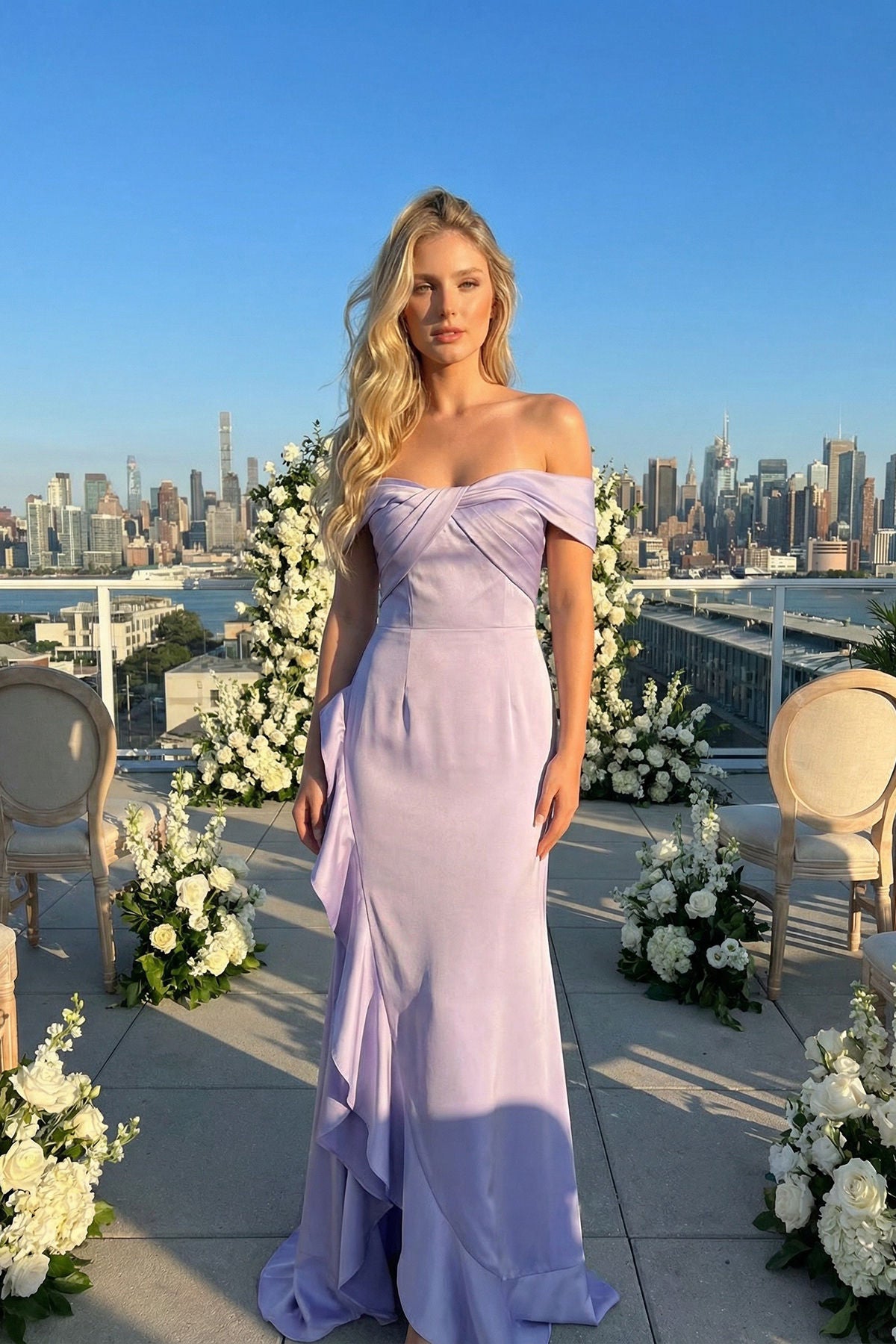 Lavender Off the Shoulder Floor-Length Satin Dress with Ruffle Accent Formal Gown Juliet JT2721C