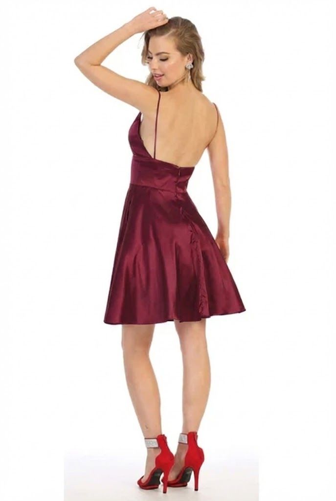 Burgundy V-Neck Short Satin Homecoming Dress Open Back May Queen MQ1770