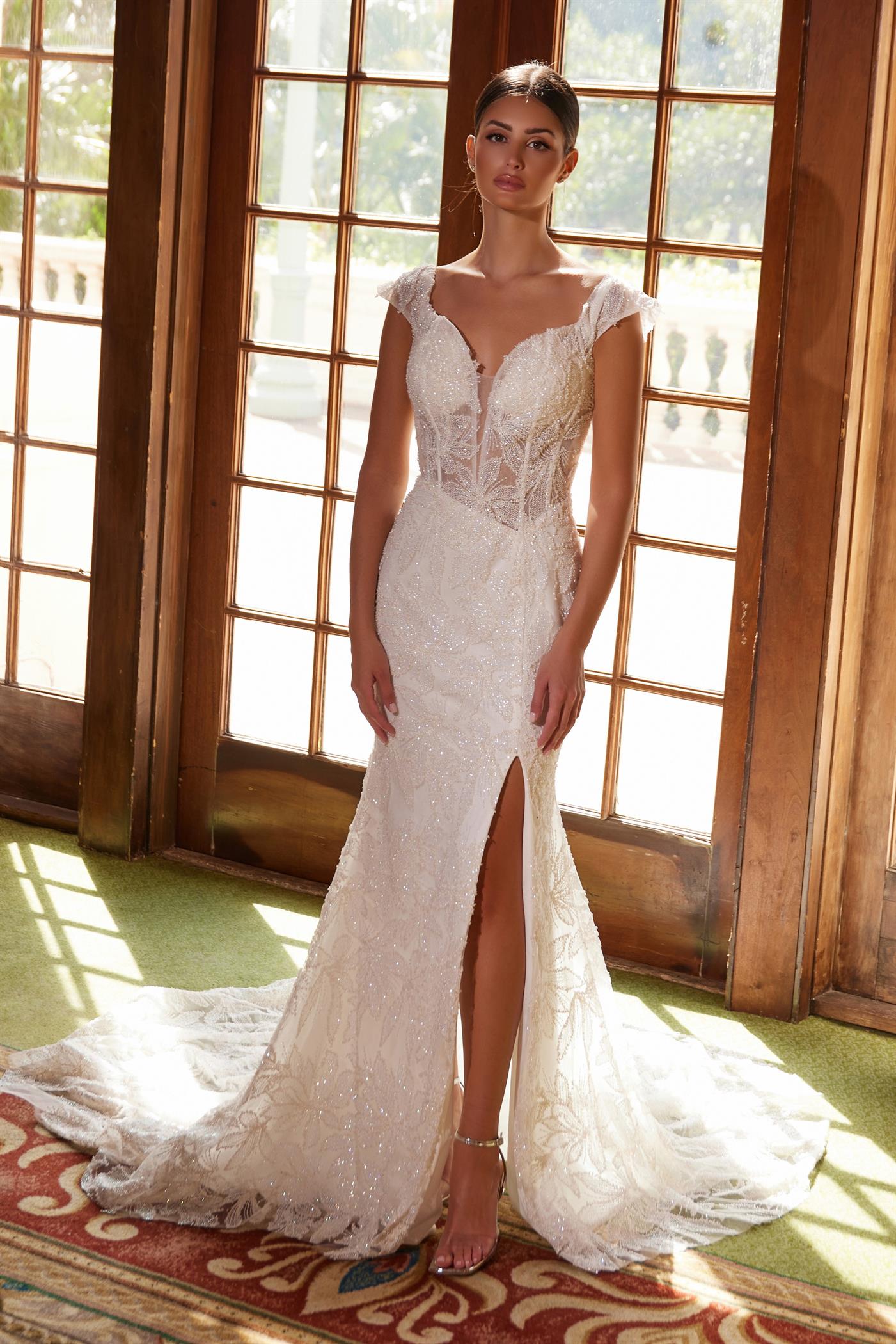 Nox Anabel C1600W Beaded Long Slit Lace Wedding Dress