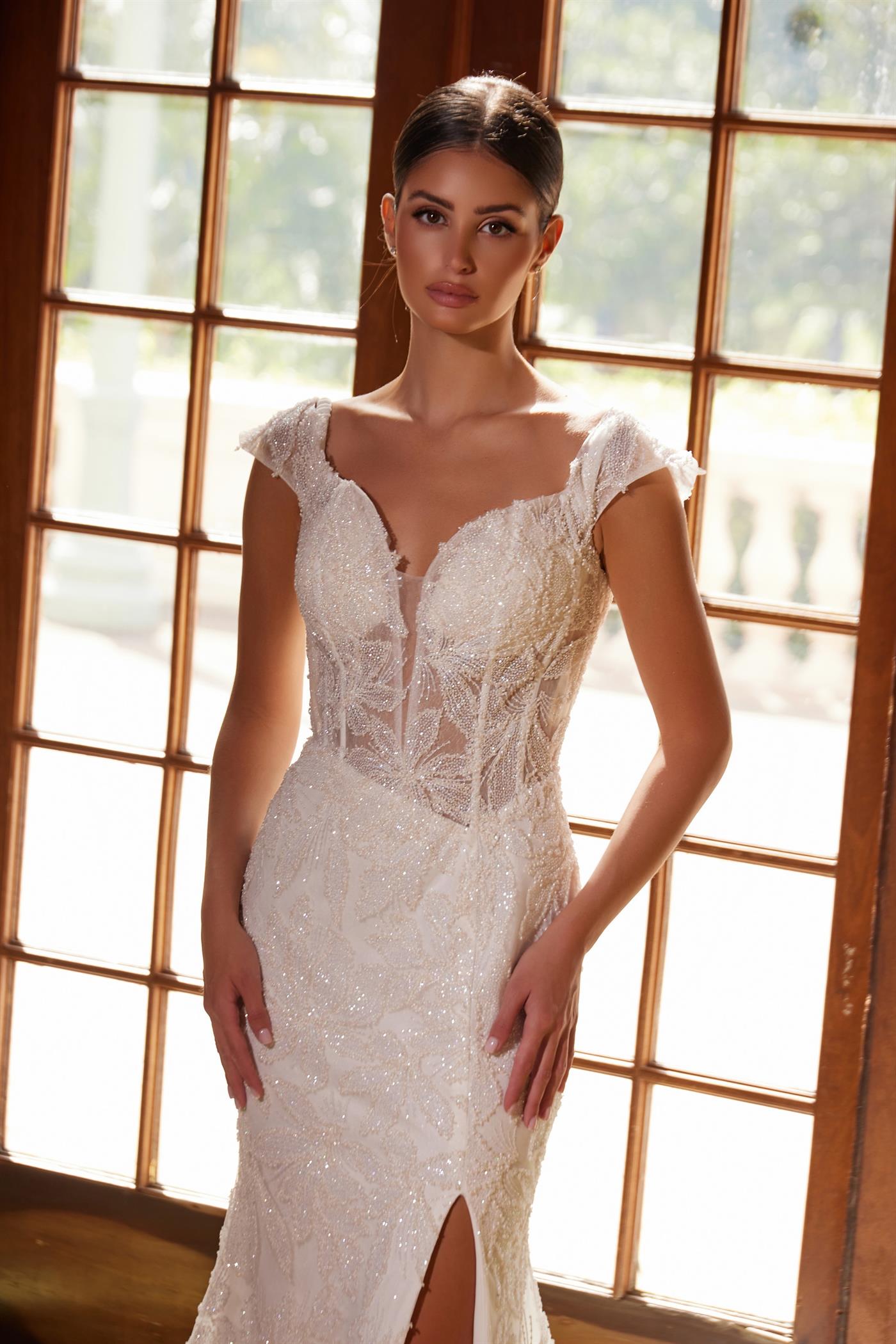 Nox Anabel C1600W Beaded Long Slit Lace Wedding Dress - White / 10 Nox Anabel C1600W Beaded Long Slit Lace Wedding Dress - White / 10