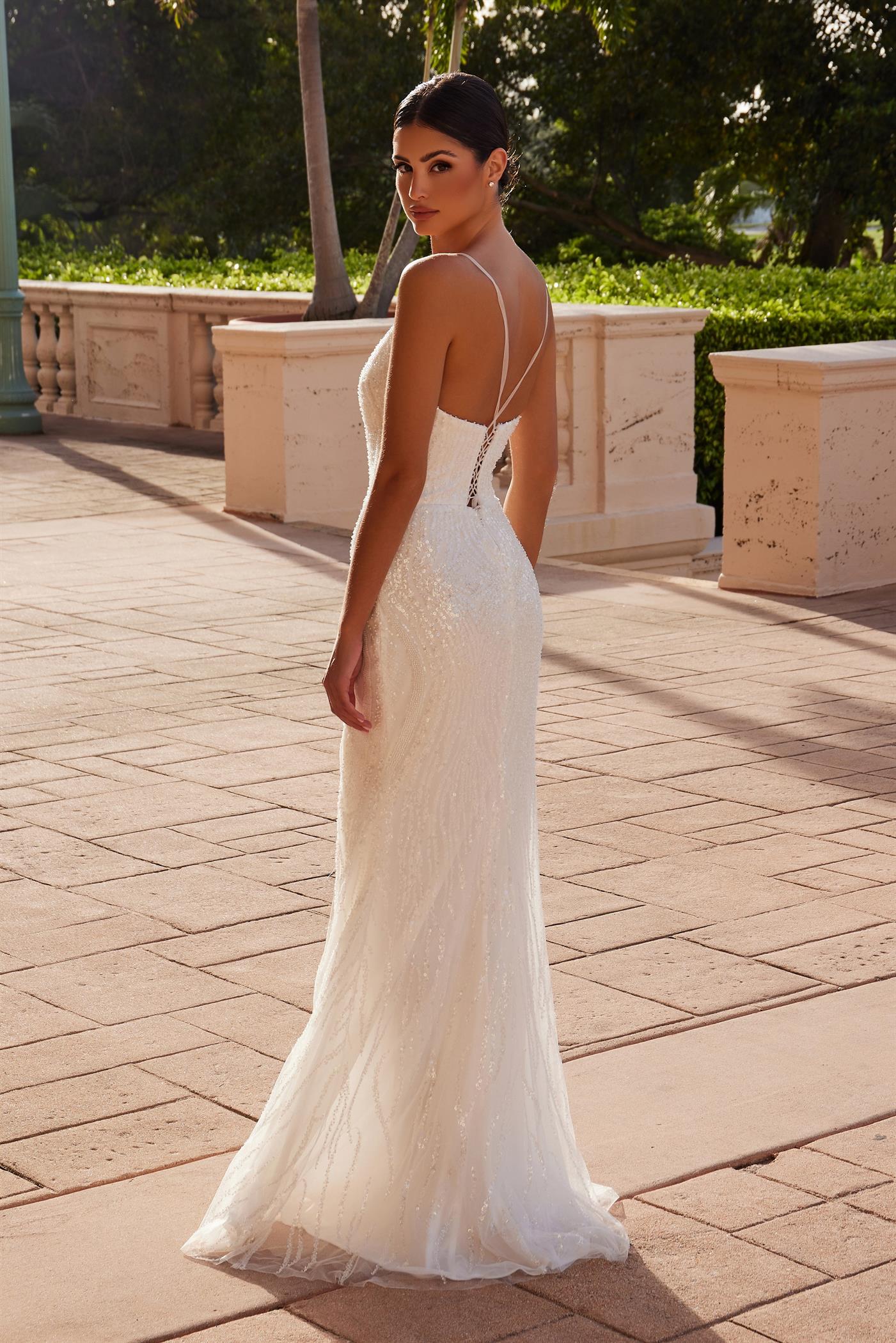 Nox Anabel E1535W Long Beaded Sequin Wedding Dress - White / 14 Nox Anabel E1535W Long Beaded Sequin Wedding Dress - White / 14