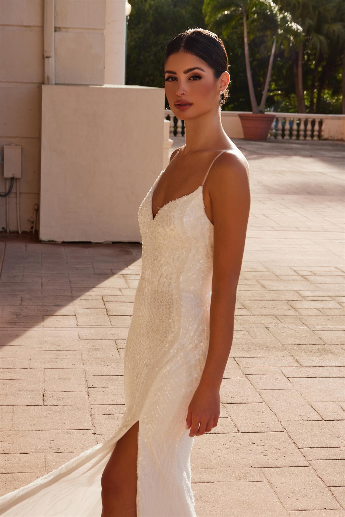 Nox Anabel E1535W Long Beaded Sequin Wedding Dress - White / 14 Nox Anabel E1535W Long Beaded Sequin Wedding Dress - White / 14