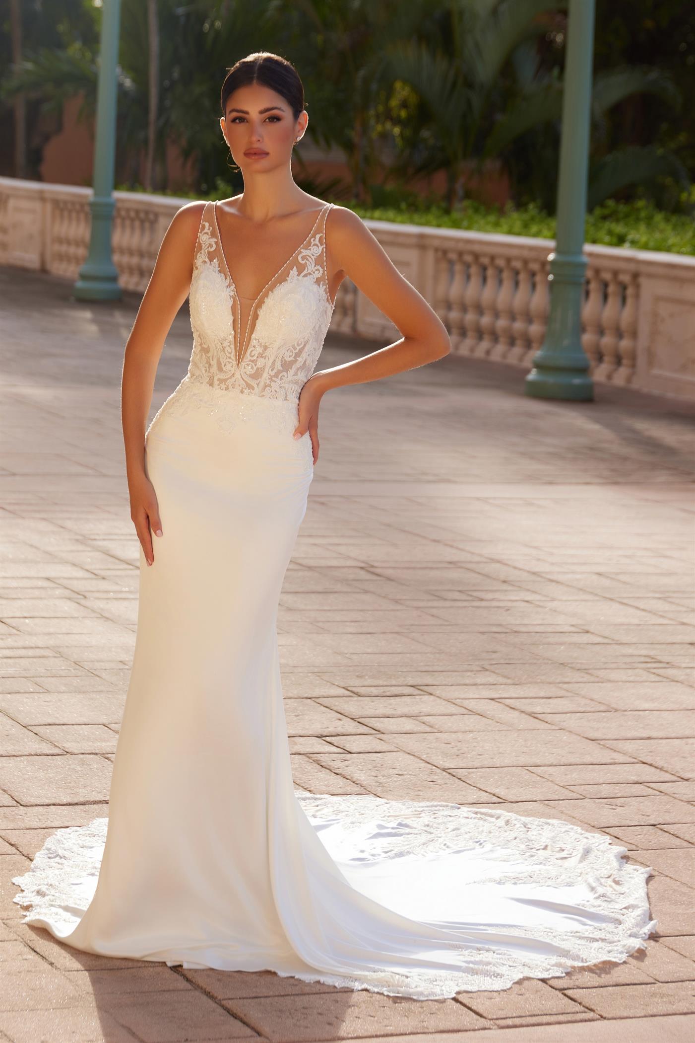 Nox Anabel JE1022L Long V Neck Fitted Wedding Dress