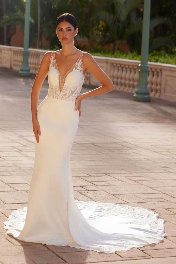Nox Anabel JE1022L Long V Neck Fitted Wedding Dress