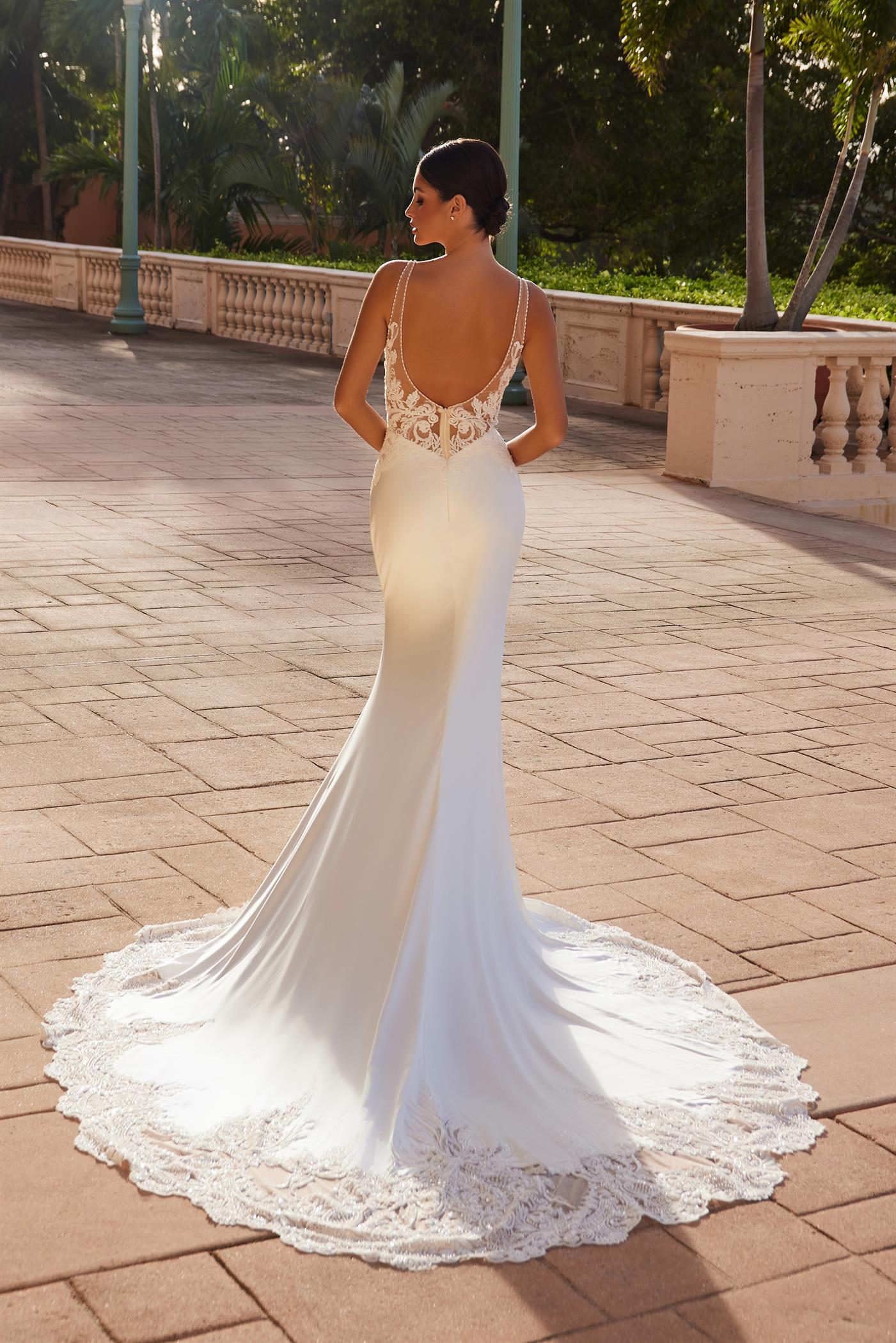 White Nox Anabel JE1022L Long V Neck Fitted Wedding Dress for $1679.0 – The Dress Outlet