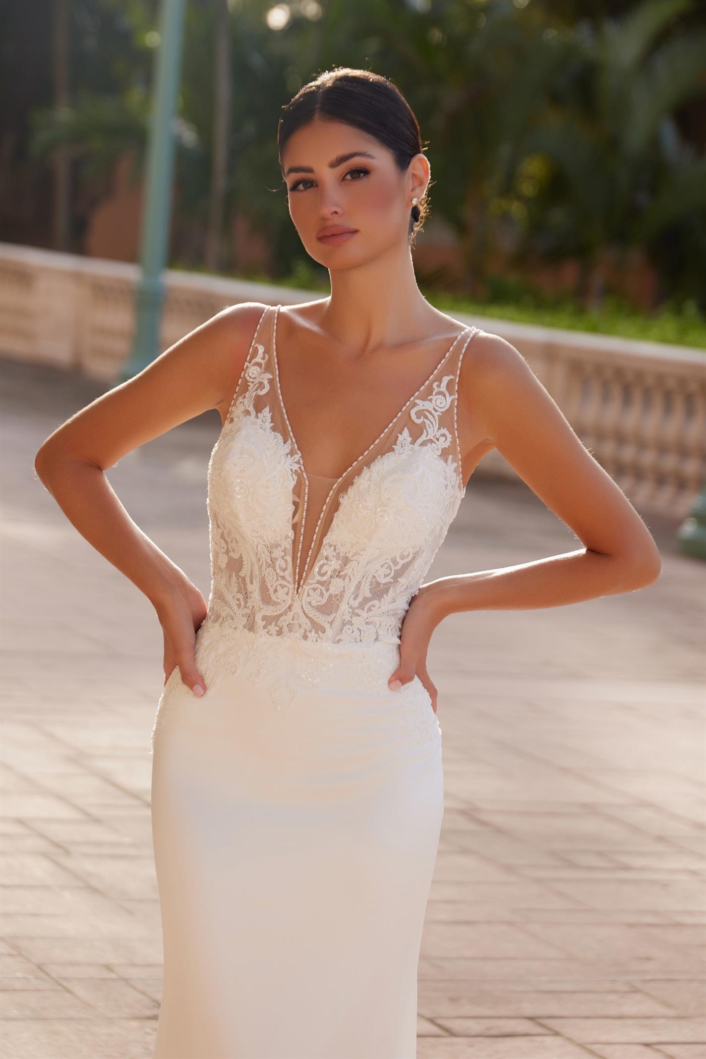 White Nox Anabel JE1022L Long V Neck Fitted Wedding Dress for $1679.0 – The Dress Outlet