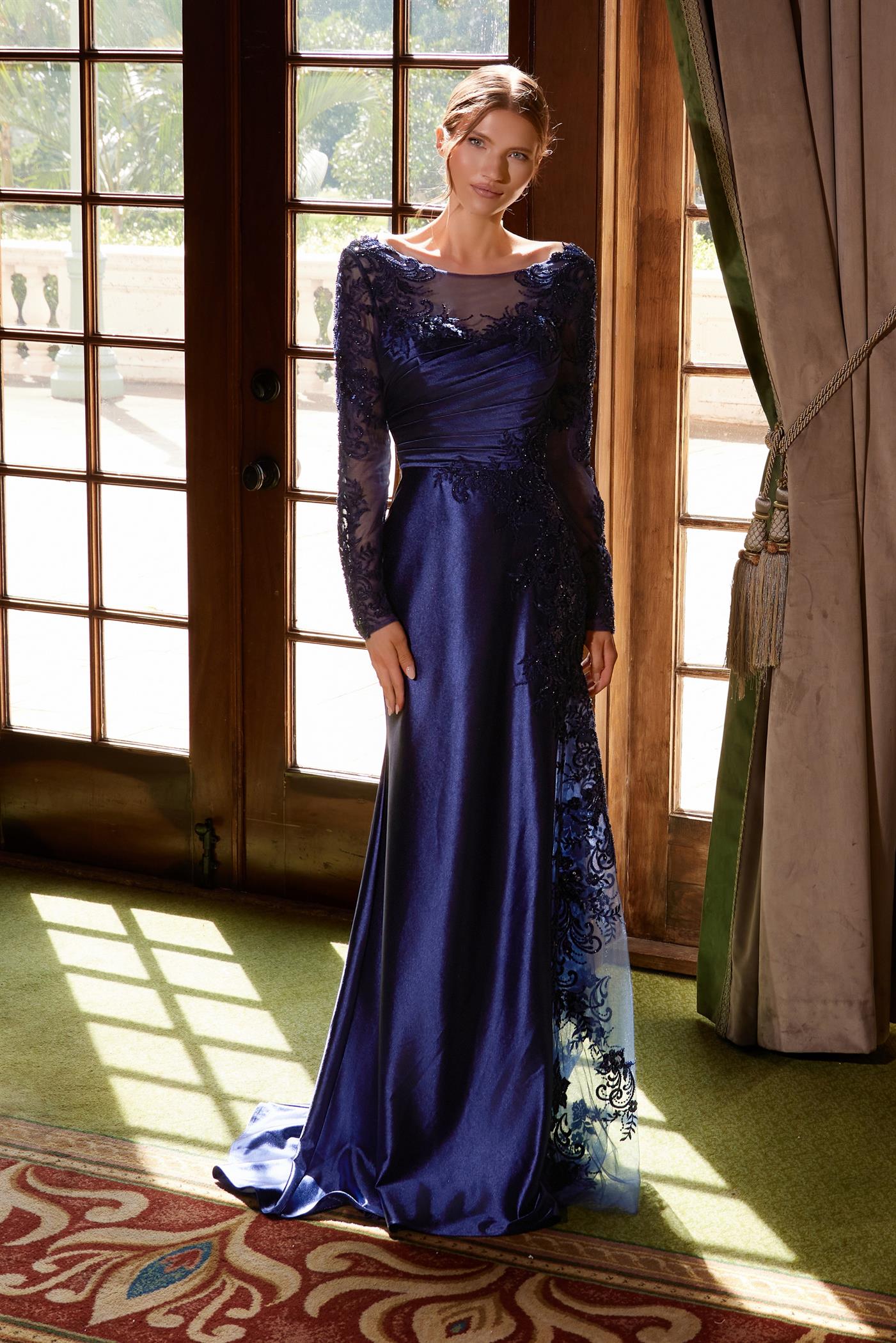 Plus Size Dresses Long Sleeve Formal Pleated Plus Size Dress Navy Blue