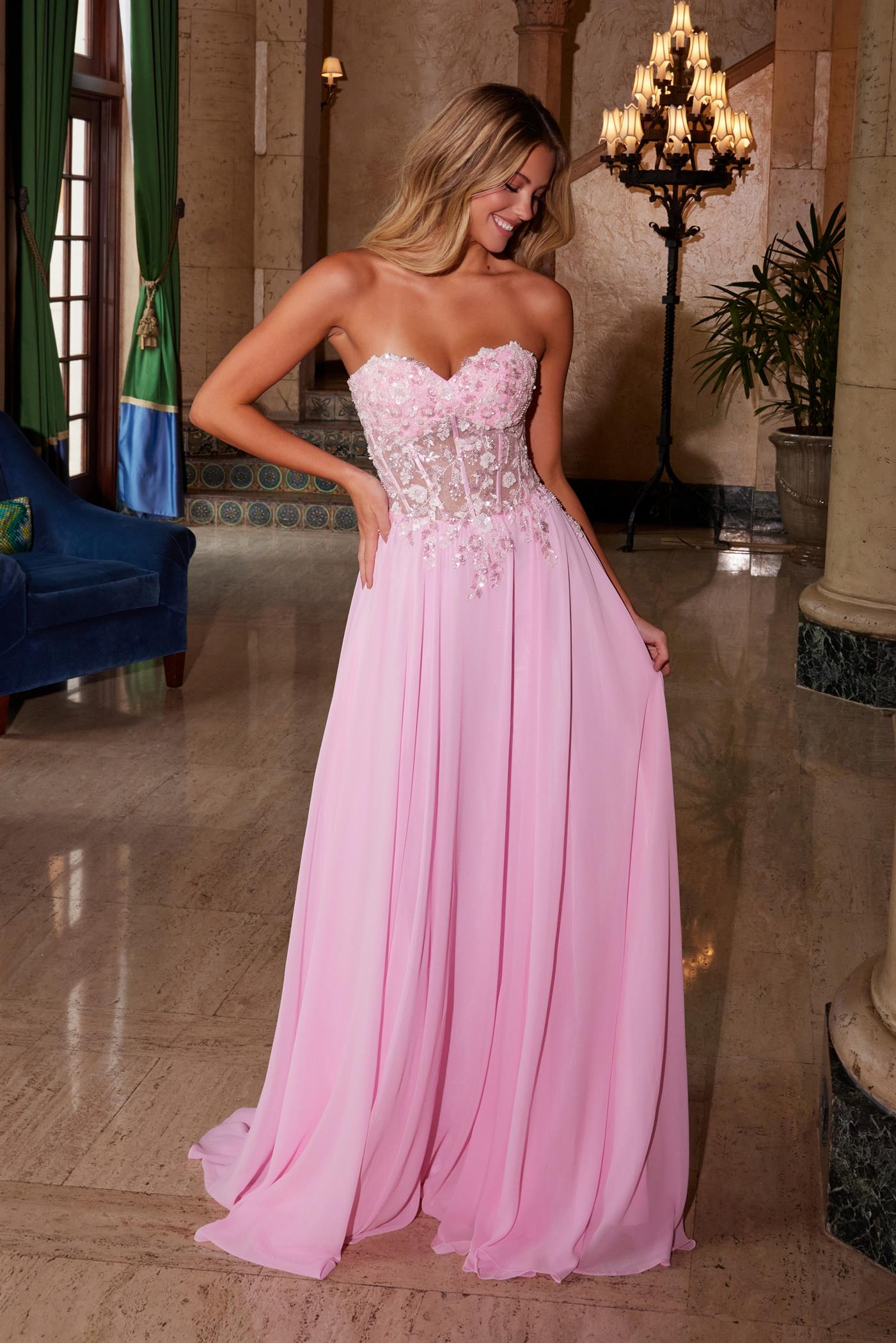 Strapless Sweetheart Long Prom Dress with Flowers Sage Green / 10