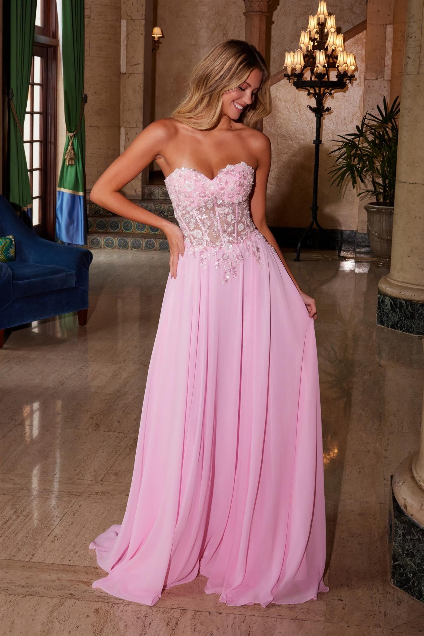 Prom Dresses Long Formal Intricate Flower Formal Prom Dress Pink