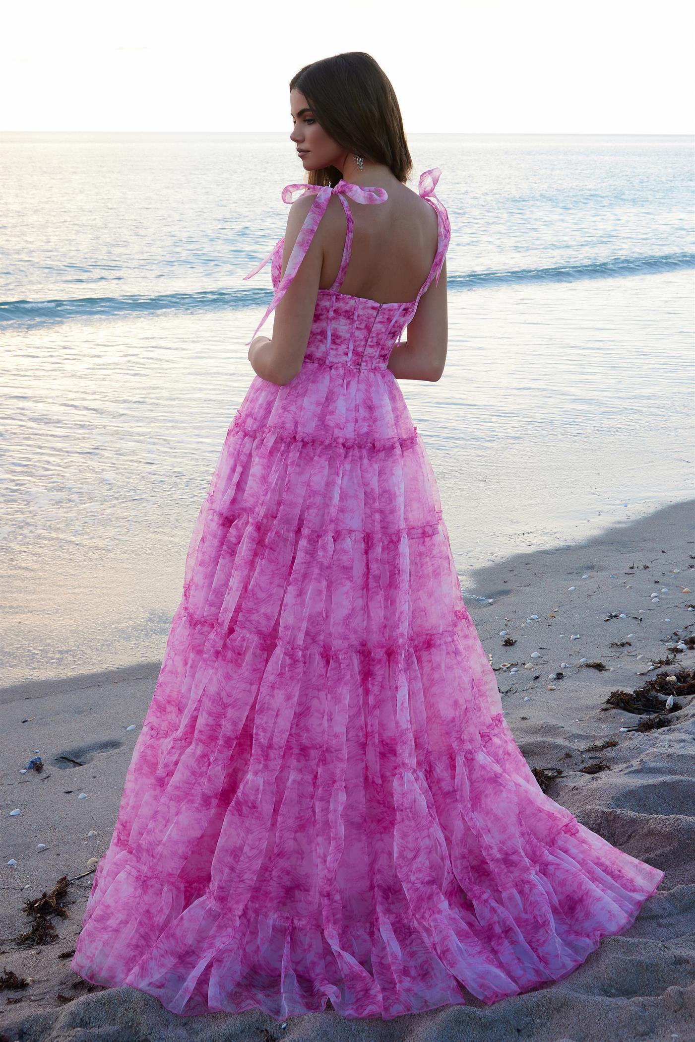 a line pink dress Black Tulle Lace Lace-Up Back A-Line Prom Dress with Slit – Dreamdressy main image 1