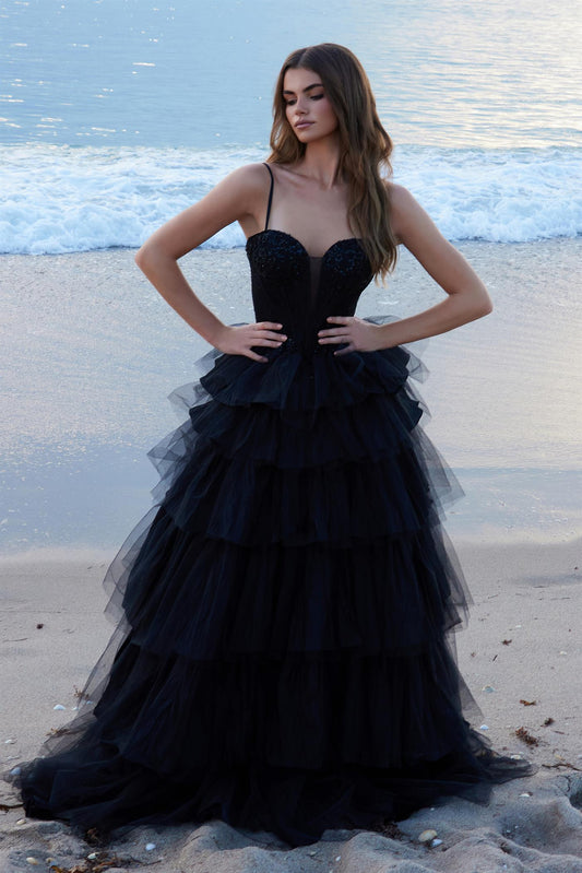 Prom Dresses Long Sequin Ball Gown Formal Layered Prom Dress Black