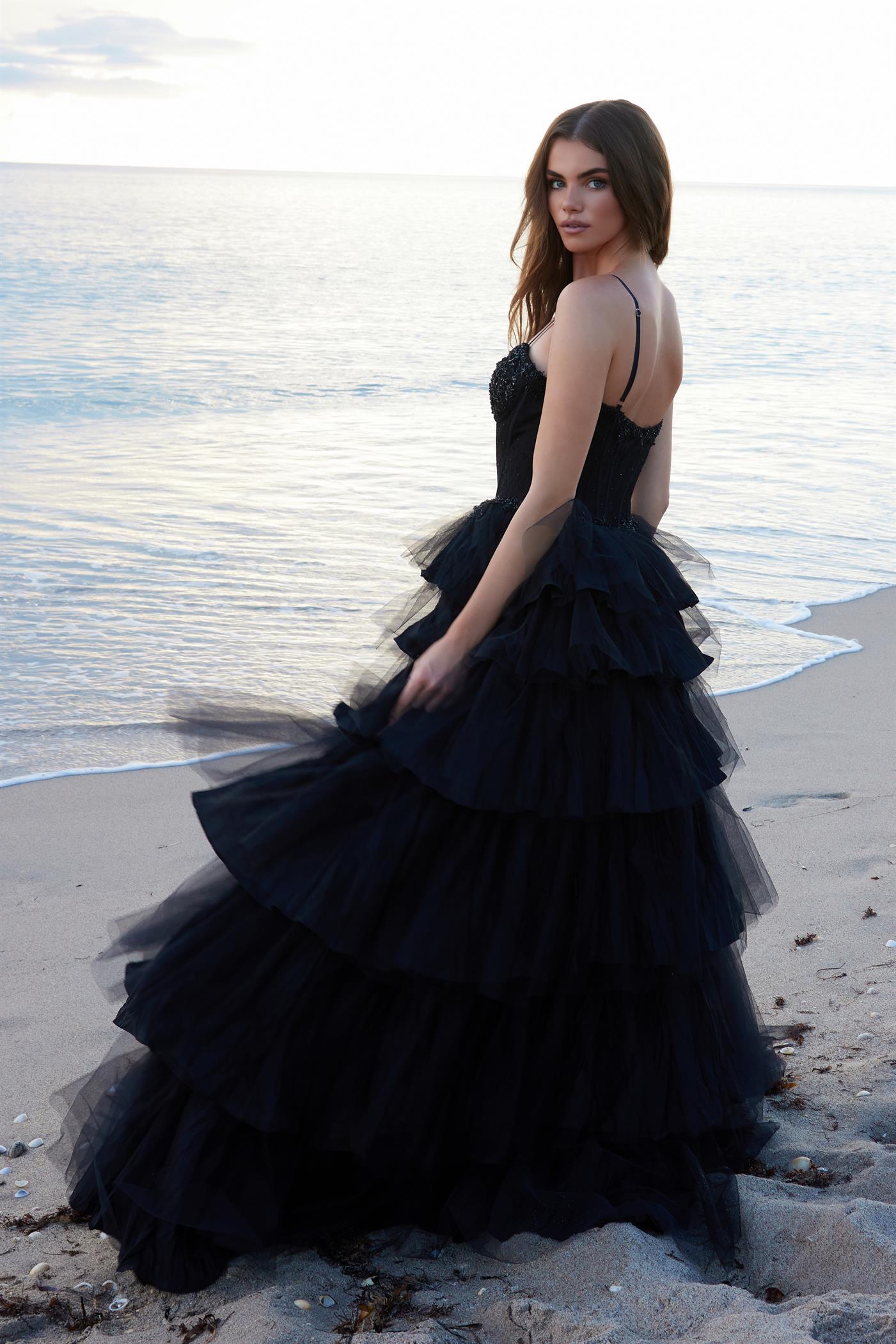 Prom Dresses Long Sequin Ball Gown Formal Layered Prom Dress Black