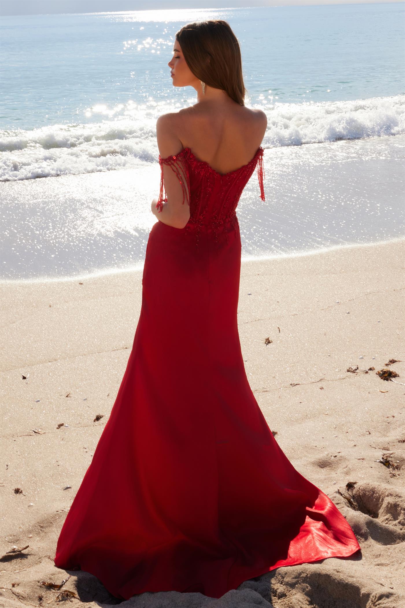 red off the shoulder sweetheart dress Nox Anabel F1571 Prom Dress - Gold