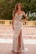 Prom Dresses Long Slit Sequin Applique Top Formal Prom Dress Silver