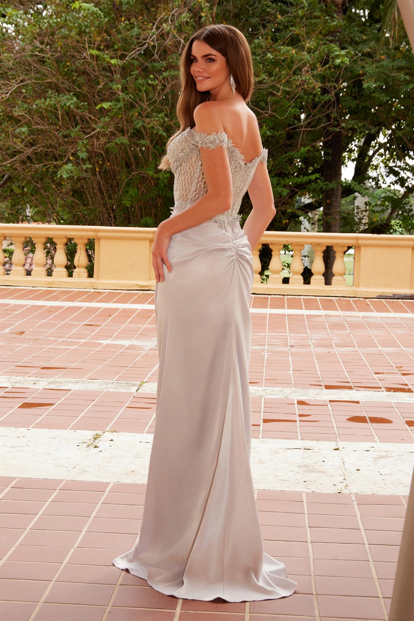 Prom Dresses Long Slit Sequin Applique Top Formal Prom Dress Silver