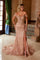 Prom Dresses Long Evening Gown Beaded Slit Formal Prom Dress  Rose Gold