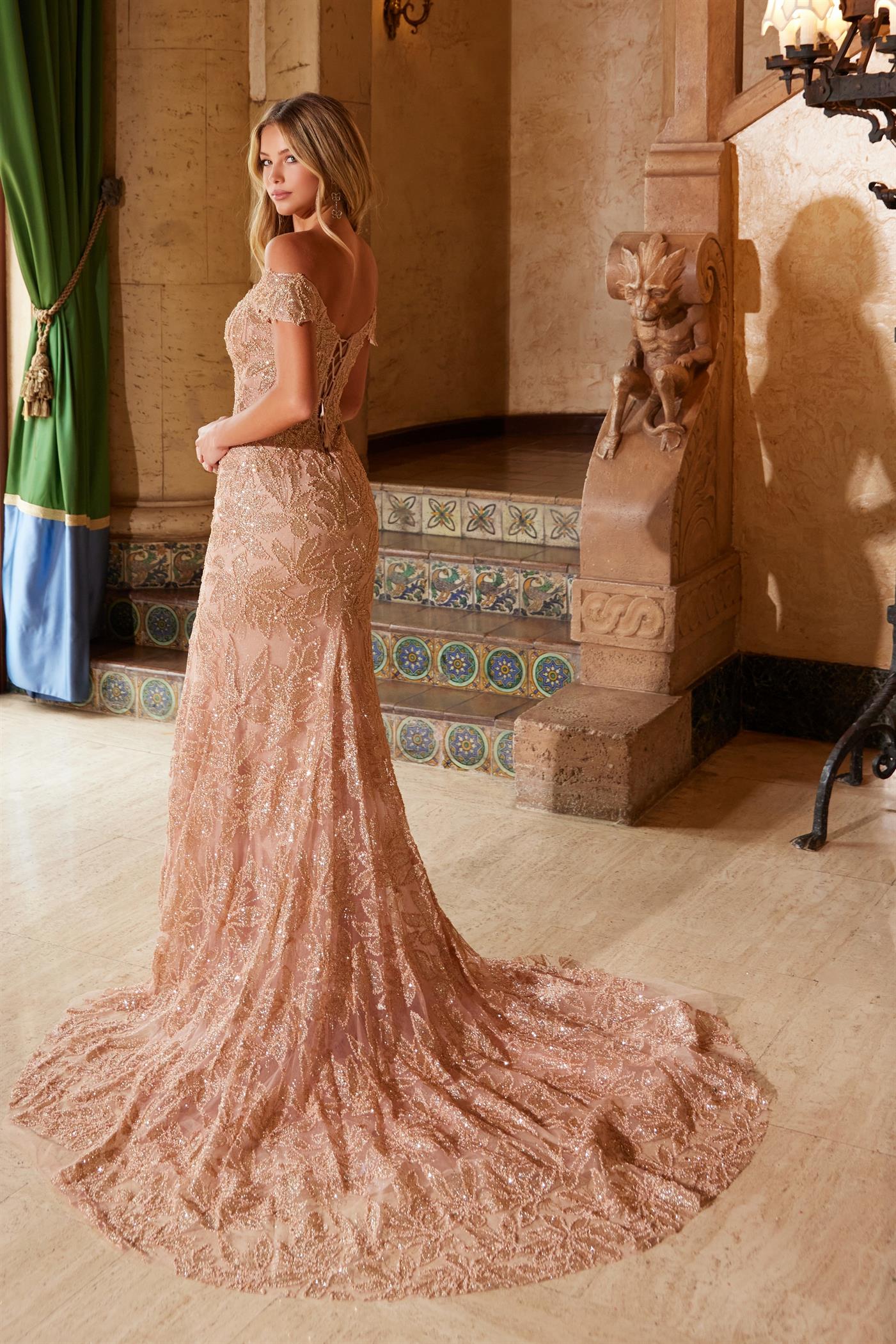 Prom Dresses Long Evening Gown Beaded Slit Formal Prom Dress  Rose Gold