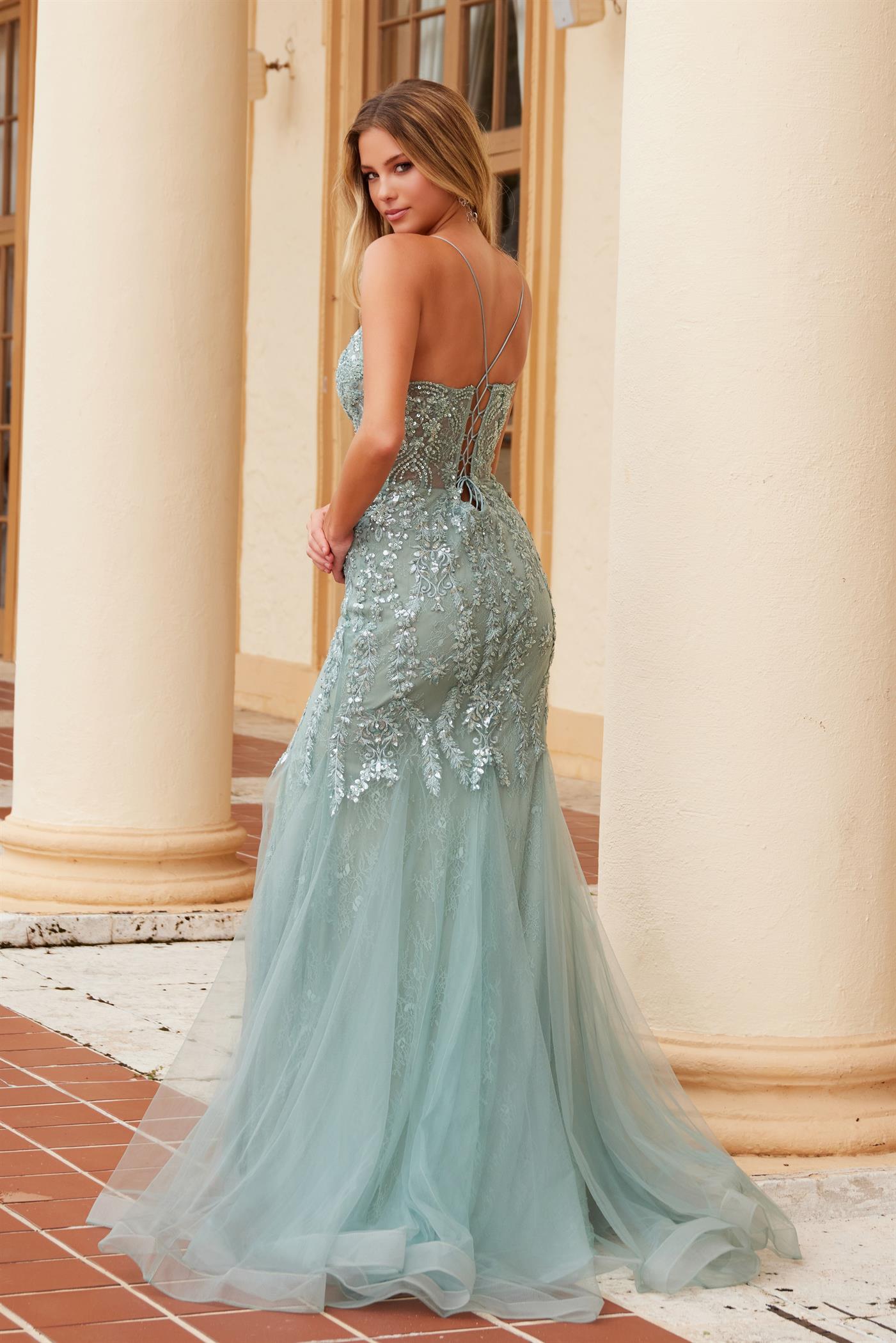 Nox Anabel R1717 Sequined Long Mermaid Prom Dress Dusty Sage / 8