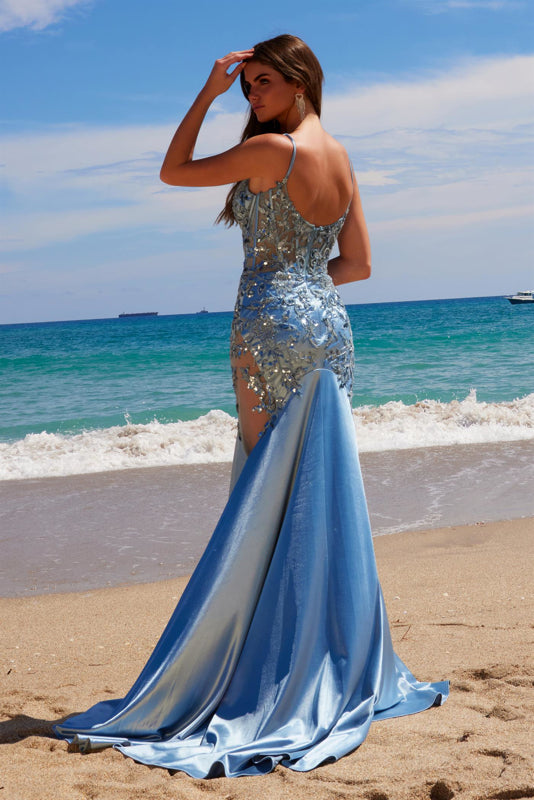 Prom Dresses Long Prom Sequin Mermaid Formal Dress Dusty Blue