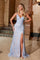 Prom Dresses Long V Neck Applique Formal Slit Prom Dress Blue/Nude