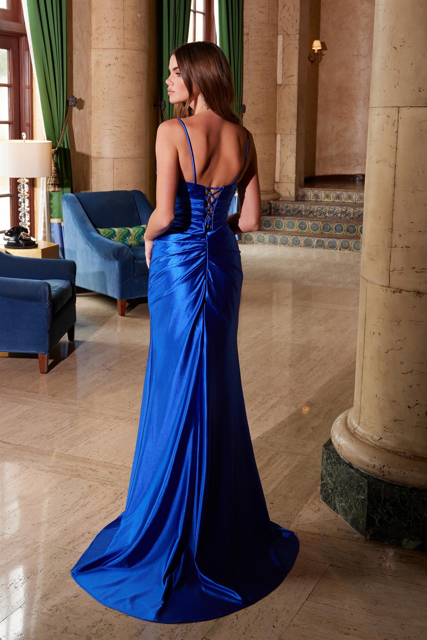 Blue Color Formal Dresses Sapphire Gown Backless Long Prom Dress With  Diamond Cut Outs Black