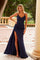 Prom Dresses Sequin Applique Long V Neck Slit Formal Prom Dress  Navy Blue