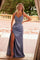 Prom Dresses Sequin Applique Long V Neck Slit Formal Prom Dress  Smoky Blue