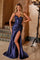 Prom Dresses Long Formal Sequin Applique Slit Prom Dress Navy Blue