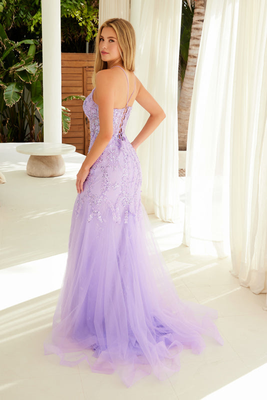Nox Anabel R1717 Sequin Applique Long Slit Formal Prom Dress