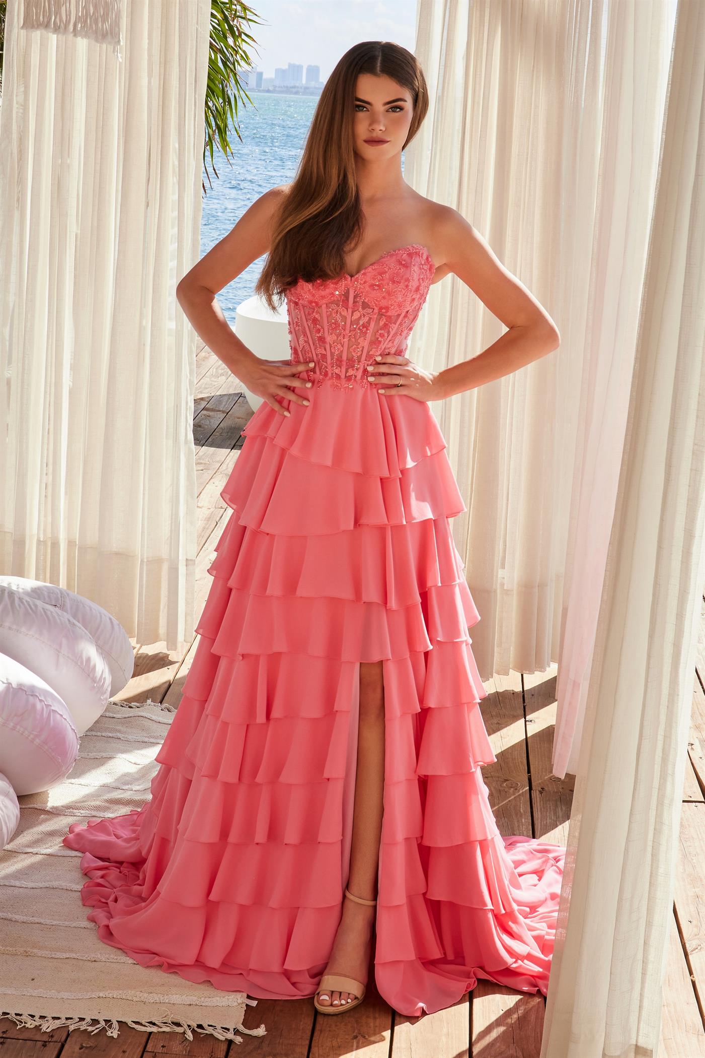 Prom Dresses Layered Prom Long Slit Formal Dress Candy Pink