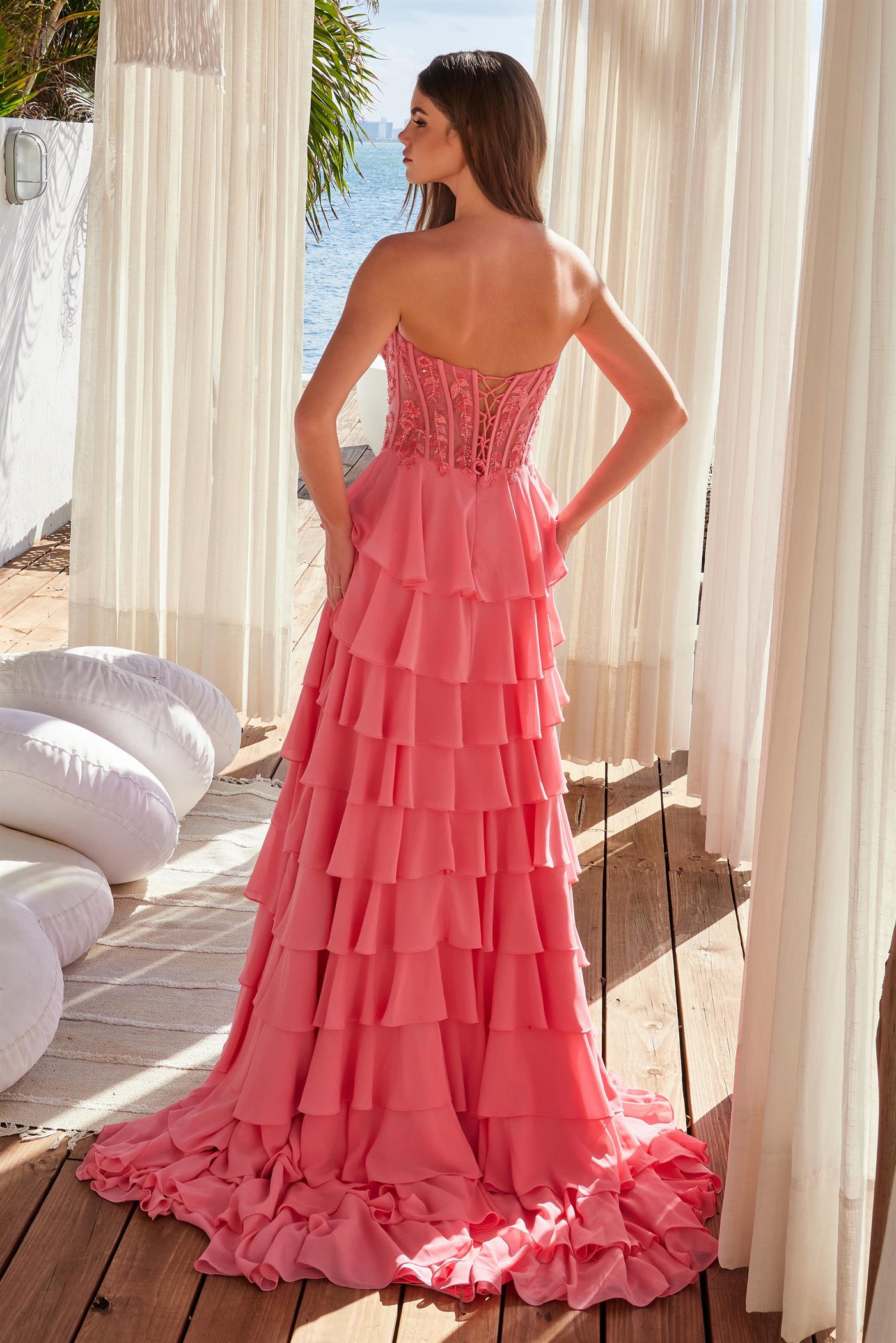 Prom Dresses Layered Prom Long Slit Formal Dress Candy Pink