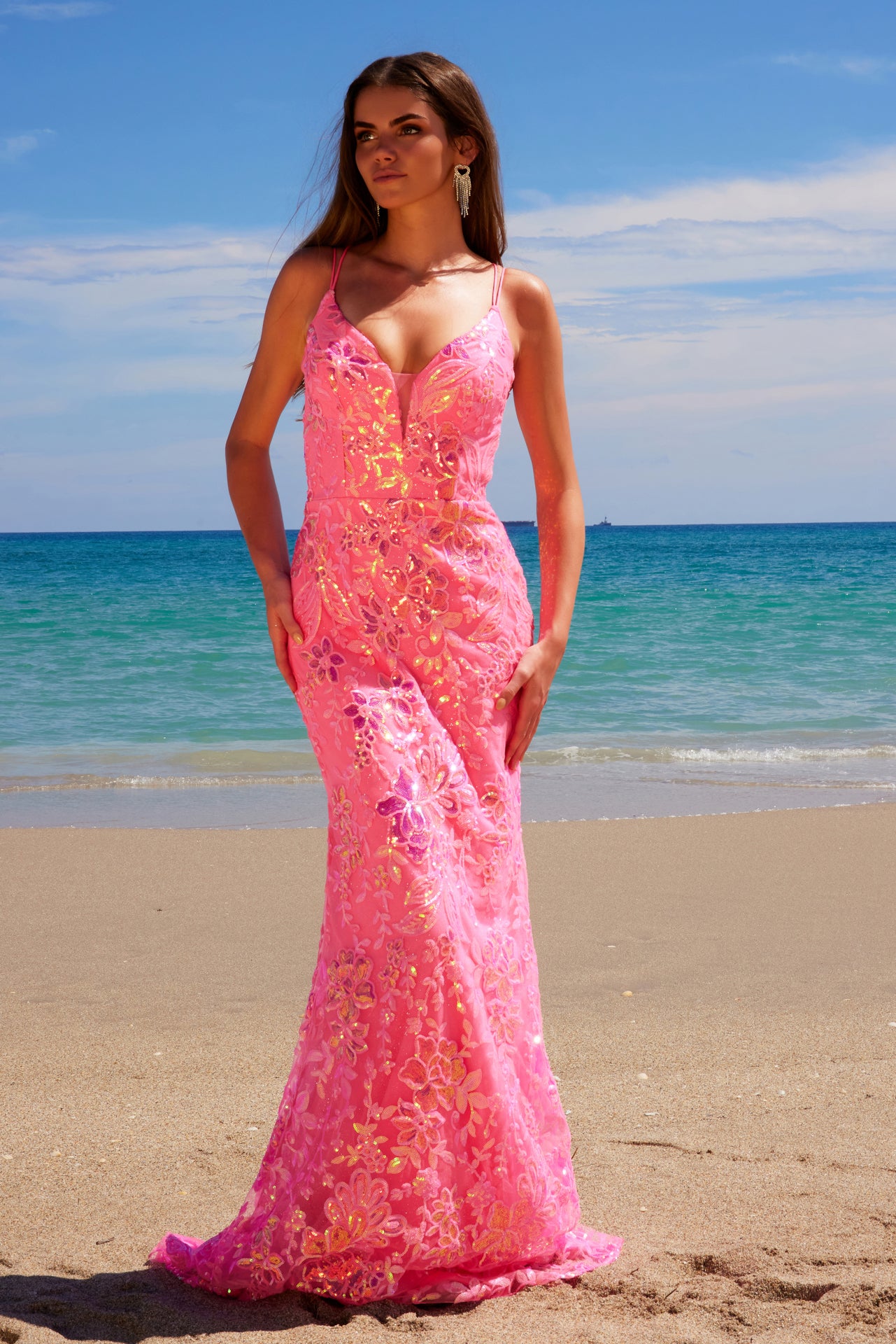 Nox Anabel A1587 Floral Prom Sequin Long Formal Dress - Hot Pink / 12 Nox Anabel A1587 Floral Prom Sequin Long Formal Dress - Hot Pink / 12