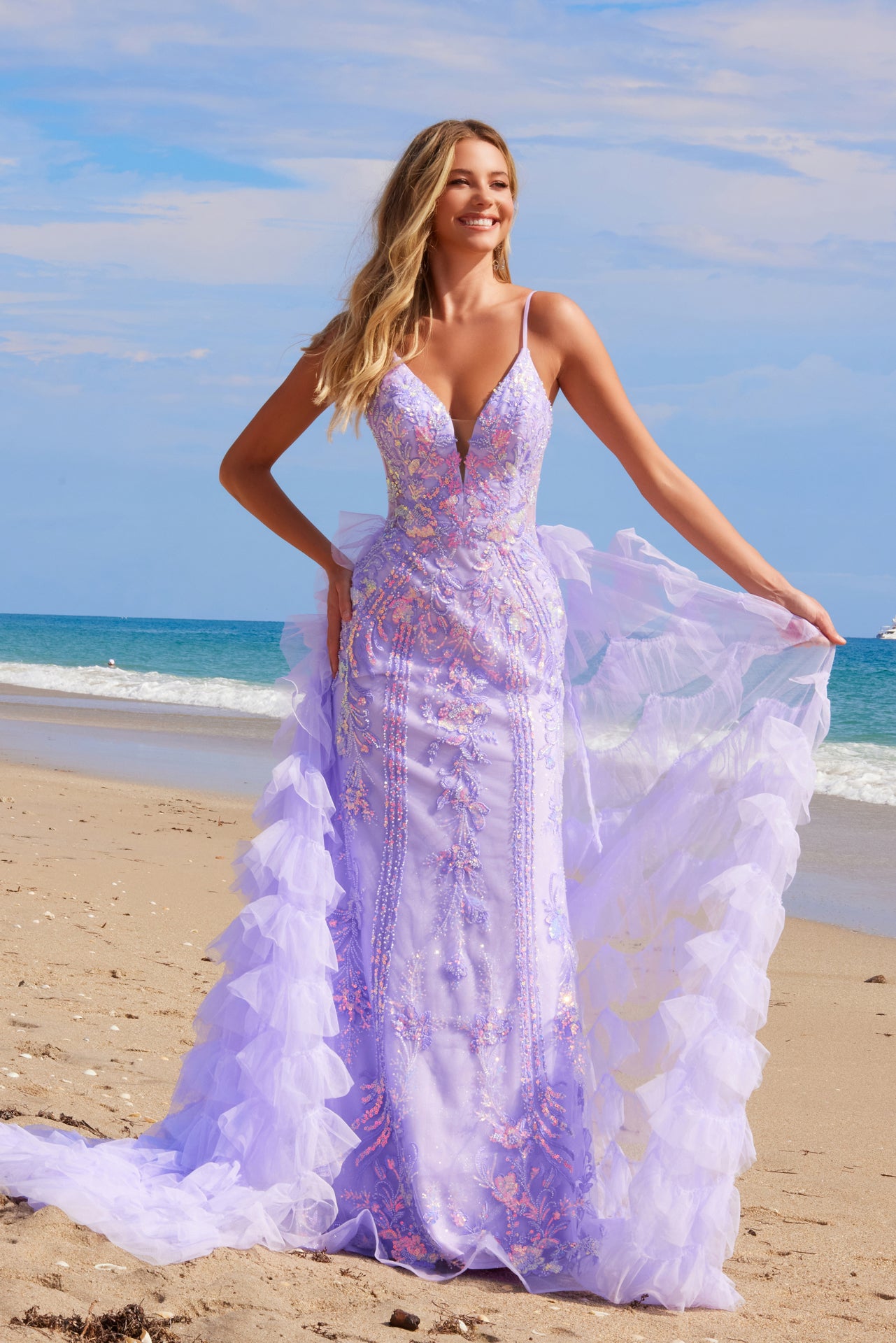 Prom Dresses Fitted Long Sequin Applique Formal Prom Dress Lilac