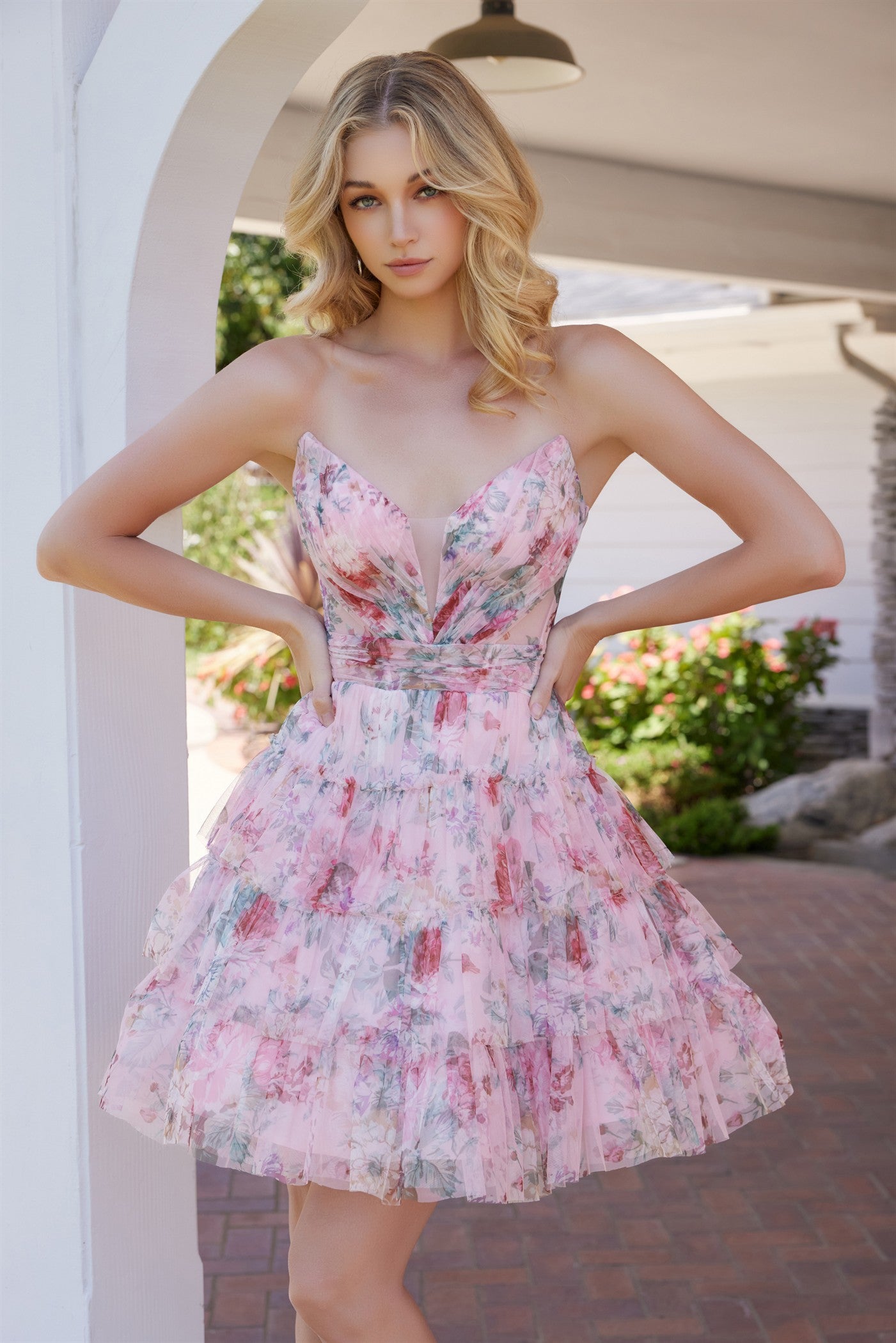 Nox Anabel M992 Short A Line Floral Print Cocktail Dress