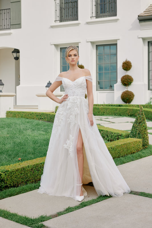 Wedding Dresses Long Floral Applique Slit Wedding Dress Nox Anabel JE953 White Nude