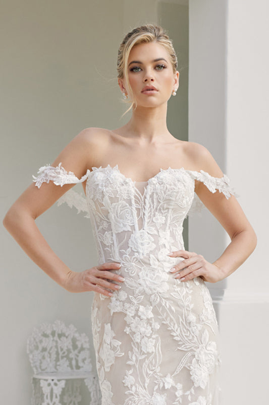 Wedding Dresses Floral Applique Long Bridal Wedding Dress Nox Anabel JE974 White Nude