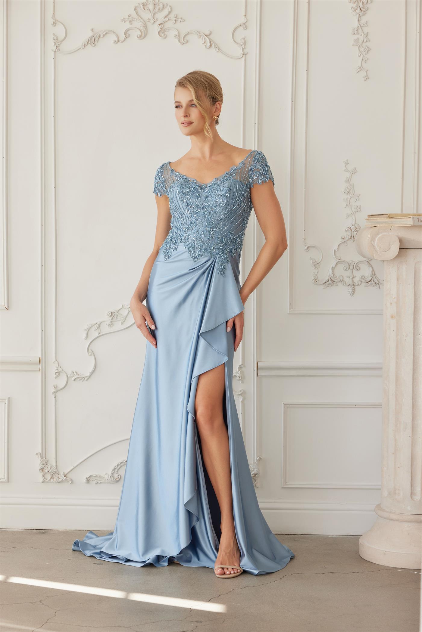 Plus Size Dresses Long Formal Beaded Mother of the Bride Dress Blue