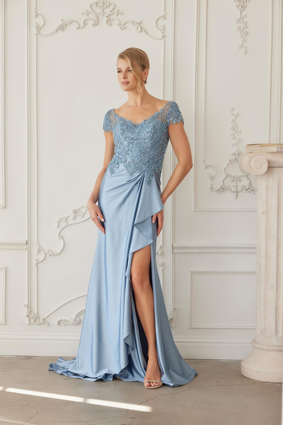 Plus Size Dresses Long Formal Beaded Mother of the Bride Dress Blue