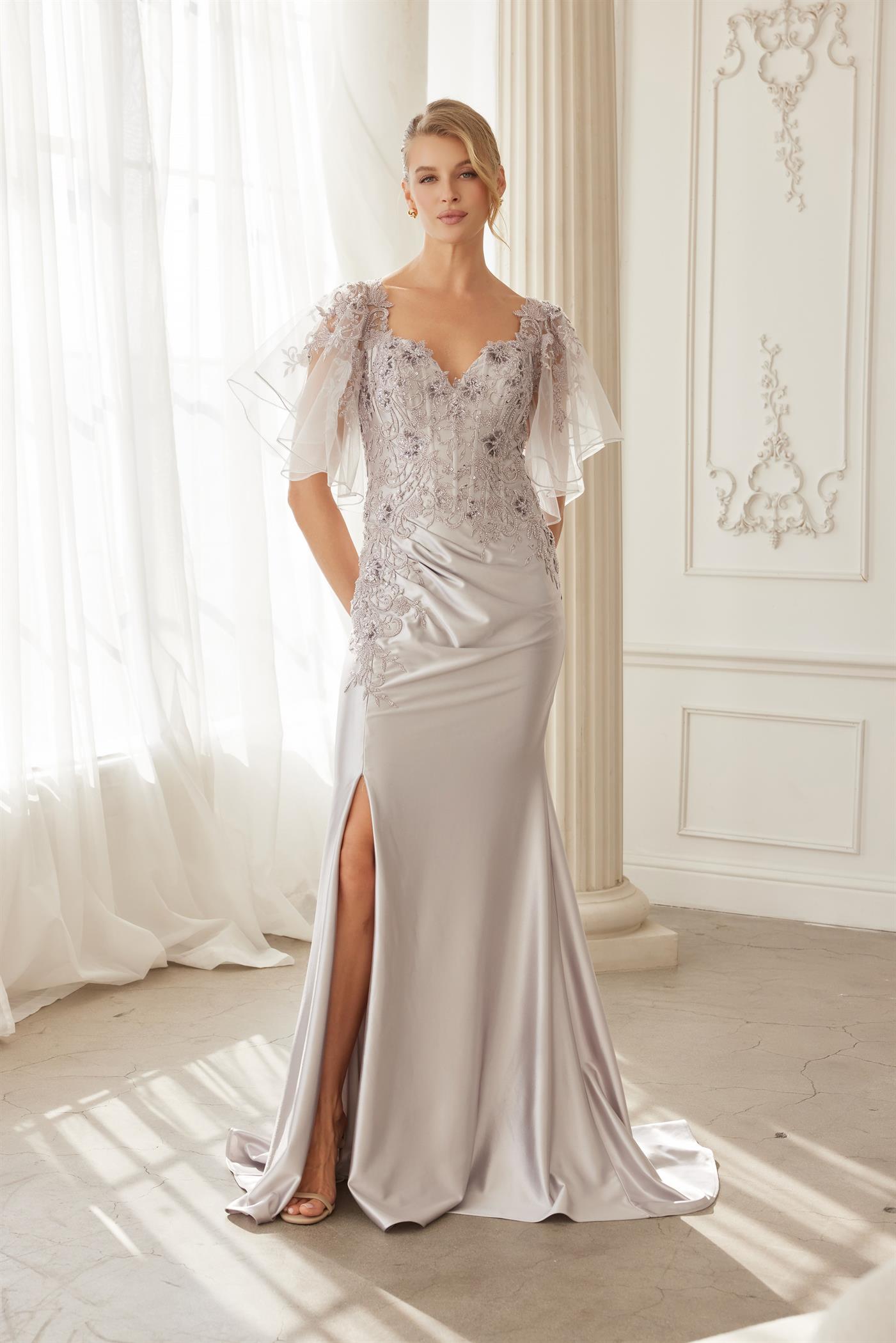 Plus Size Dresses Long Formal Fitted Mother of the Bride Evening Dress Silver