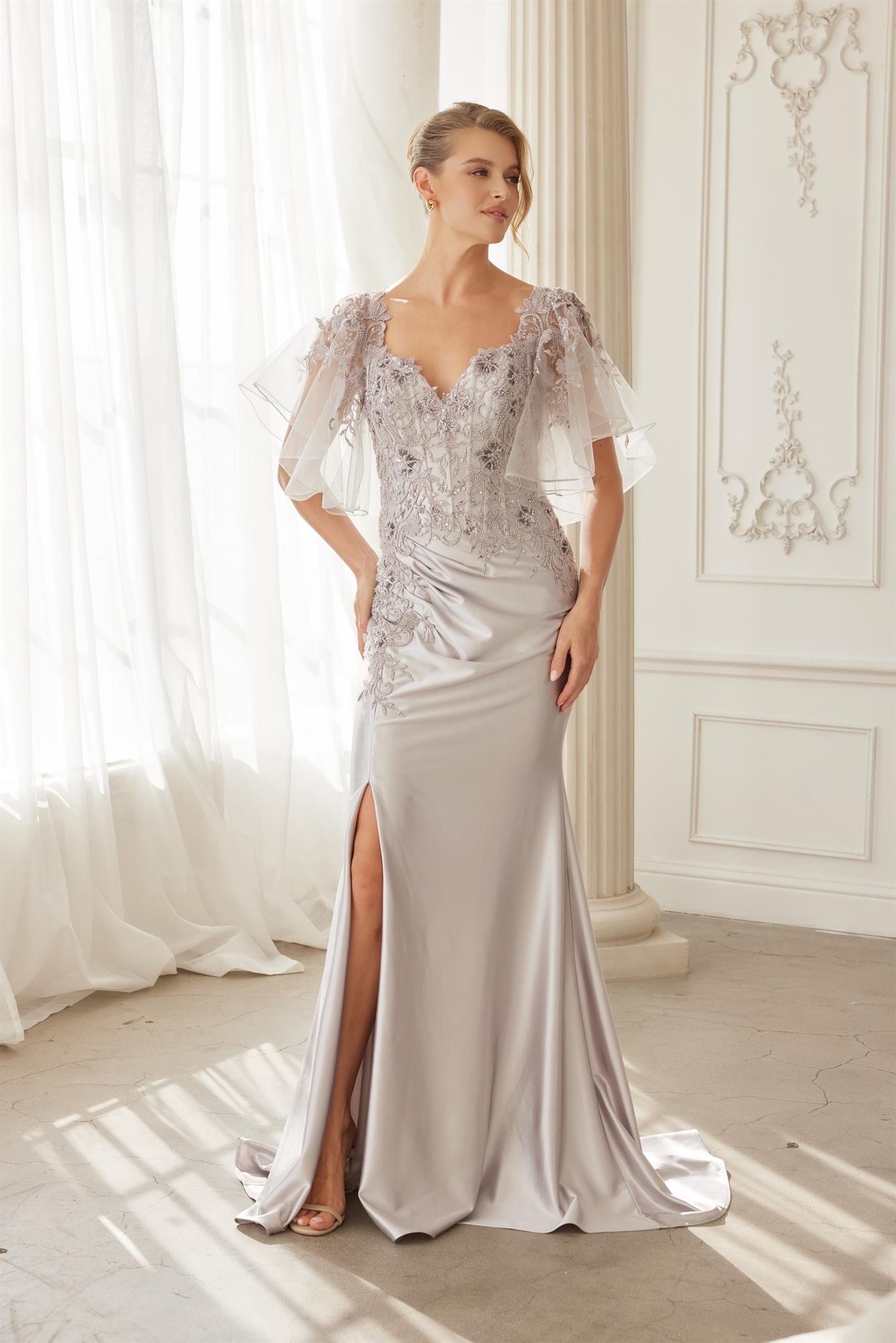 Plus Size Dresses Long Formal Fitted Mother of the Bride Evening Dress Silver