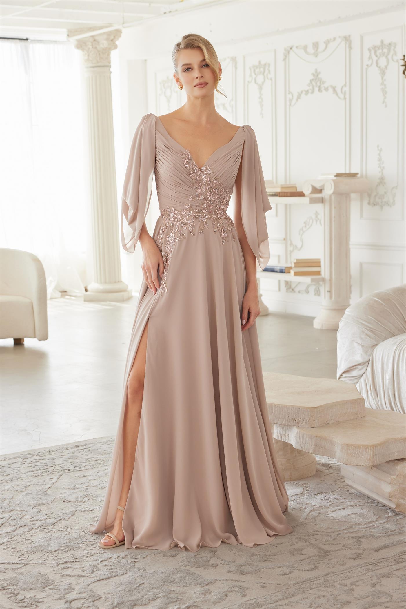 Plus Size Dresses Long Beaded Evening Mother of the Bride Dress Capuccino