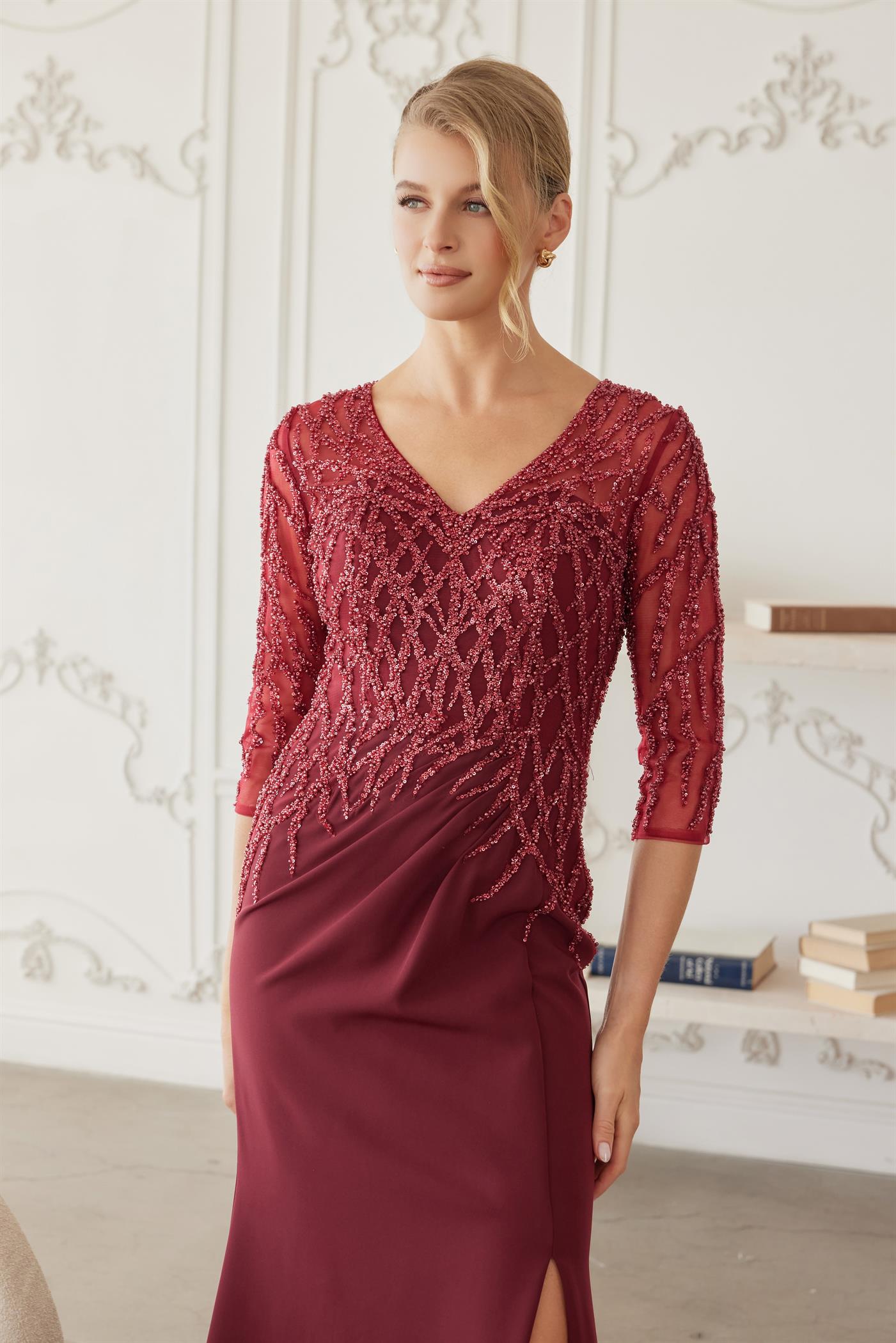 Plus Size Dresses Long Formal Long Sleeve Beaded Mother of the Bride Dress Burgundy