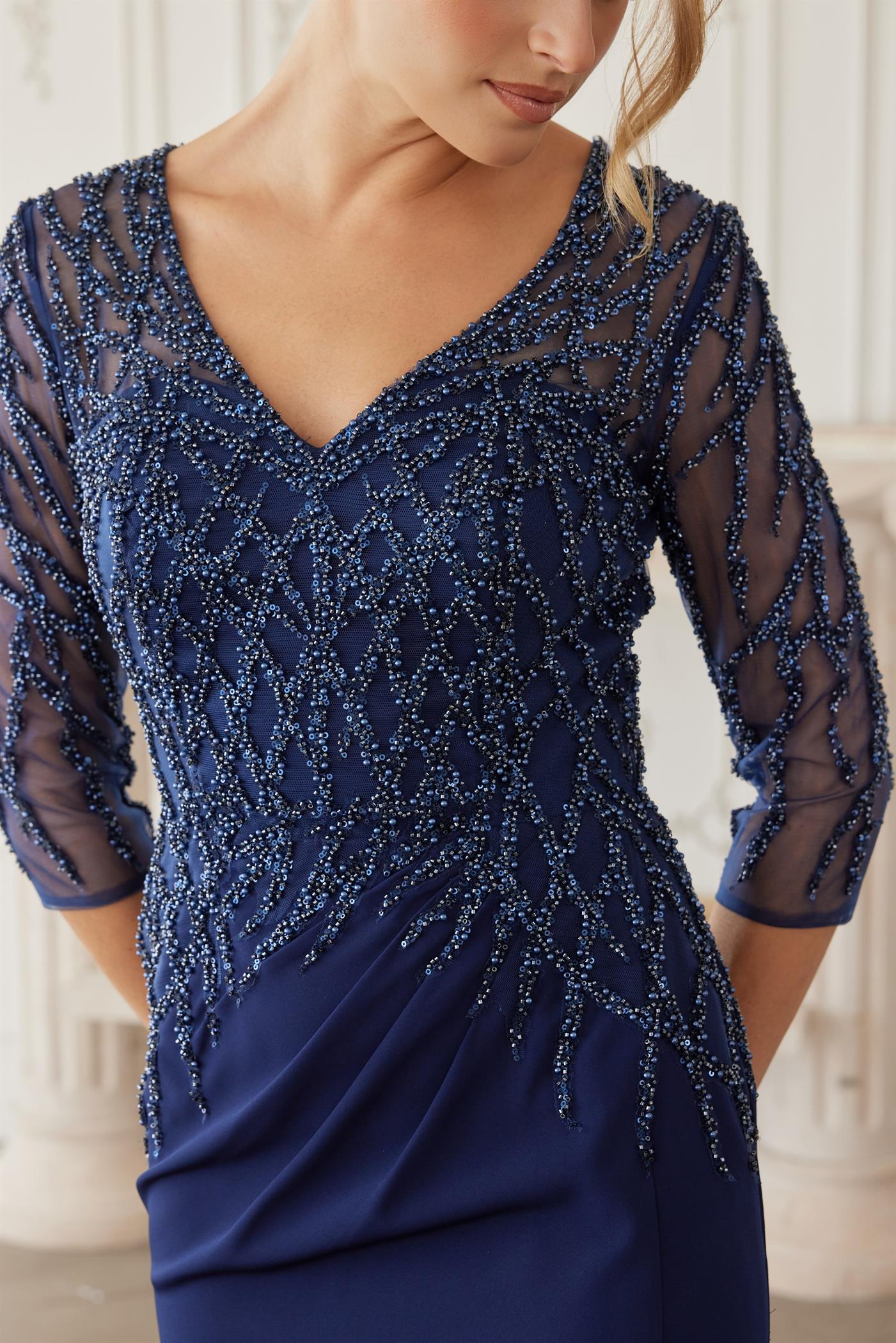 Plus Size Dresses Long Formal Long Sleeve Beaded Mother of the Bride Dress Navy Blue