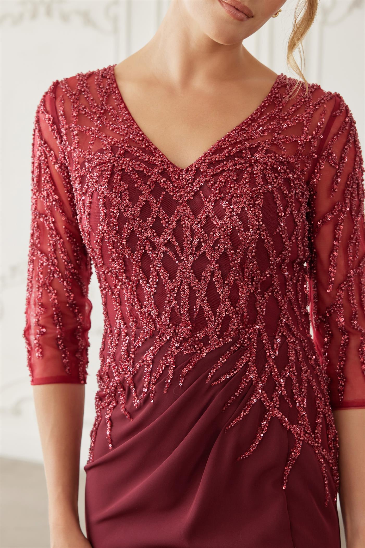 Plus Size Dresses Long Formal Long Sleeve Beaded Mother of the Bride Dress Burgundy