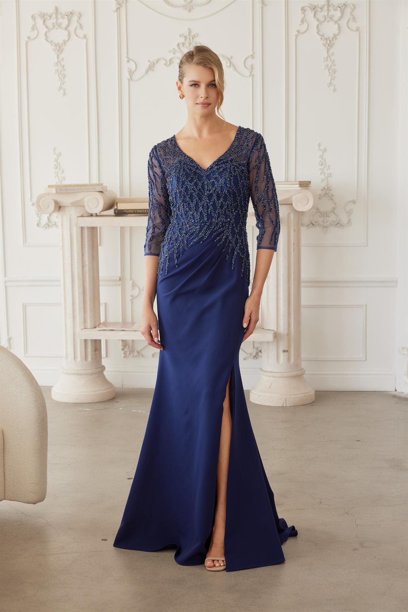Plus Size Dresses Long Formal Long Sleeve Beaded Mother of the Bride Dress Navy Blue