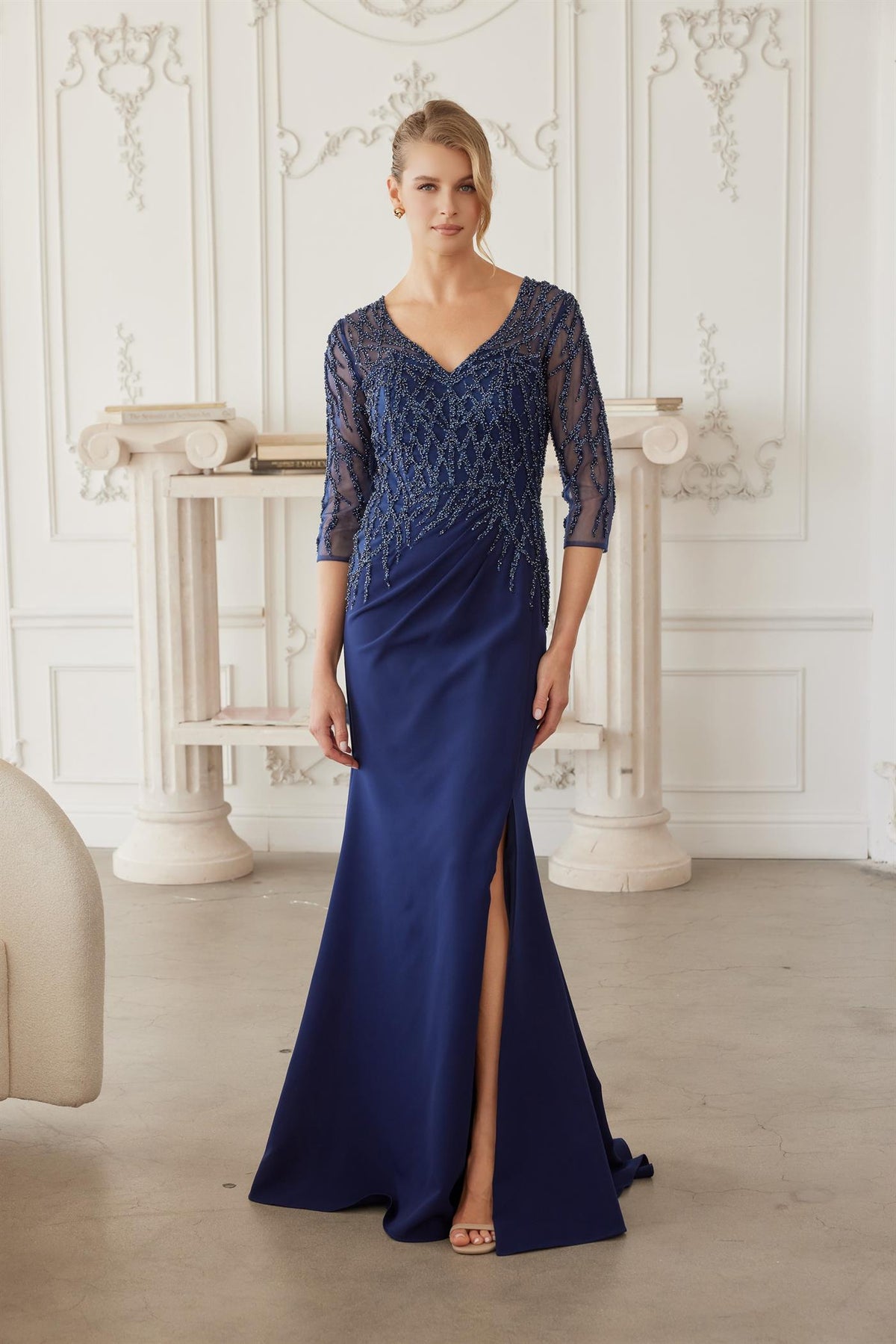 Plus Size Dresses Long Formal Long Sleeve Beaded Mother of the Bride Dress Navy Blue