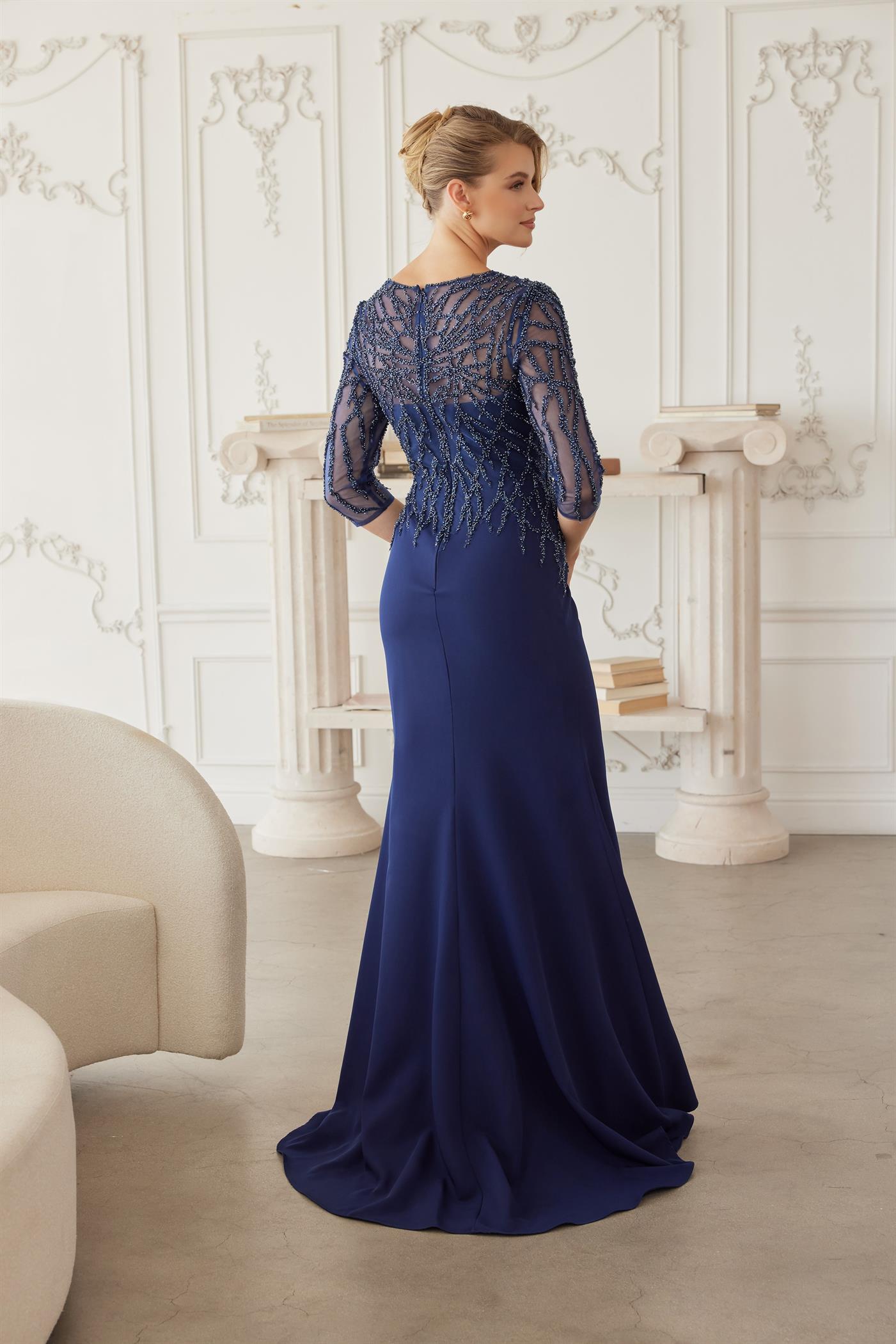 Plus Size Dresses Long Formal Long Sleeve Beaded Mother of the Bride Dress Navy Blue