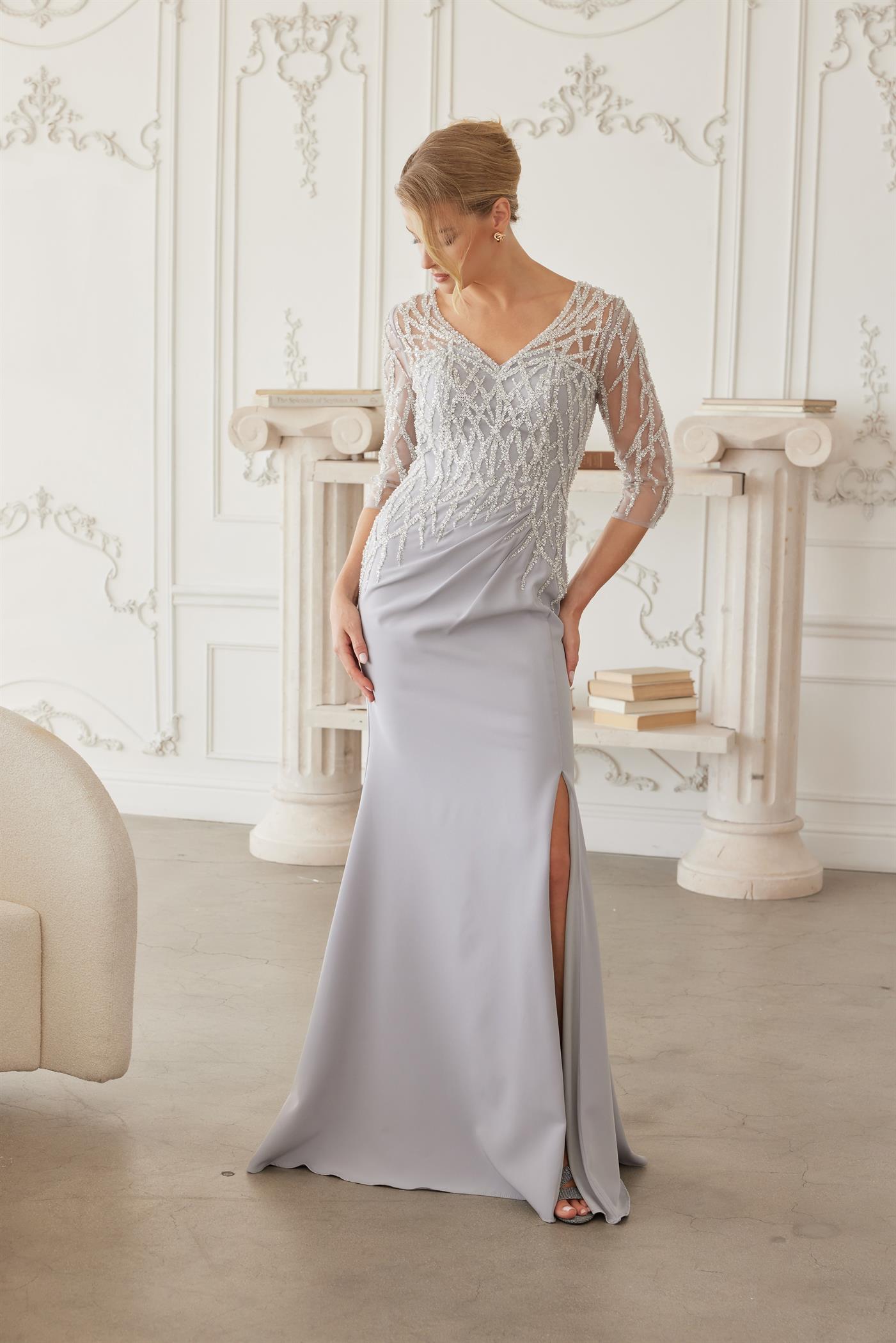 Plus Size Dresses Long Formal Long Sleeve Beaded Mother of the Bride Dress Silver