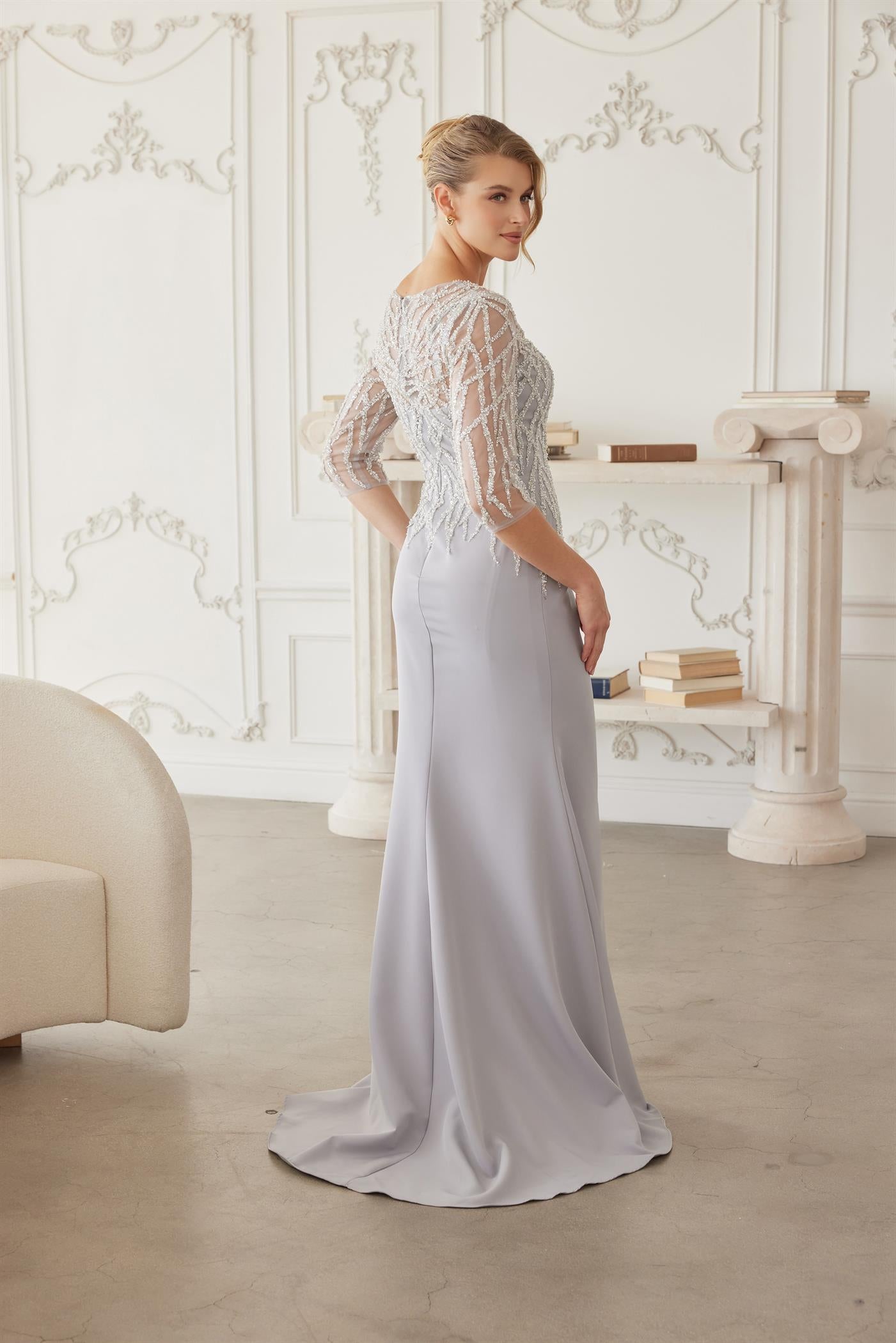 Plus Size Dresses Long Formal Long Sleeve Beaded Mother of the Bride Dress Silver